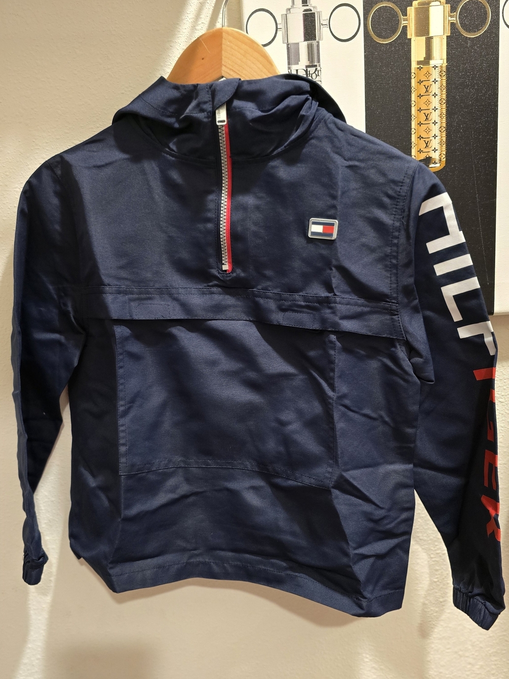 Tommy Hilfiger Navy Packable Pullover Windbreaker with Red & White Details